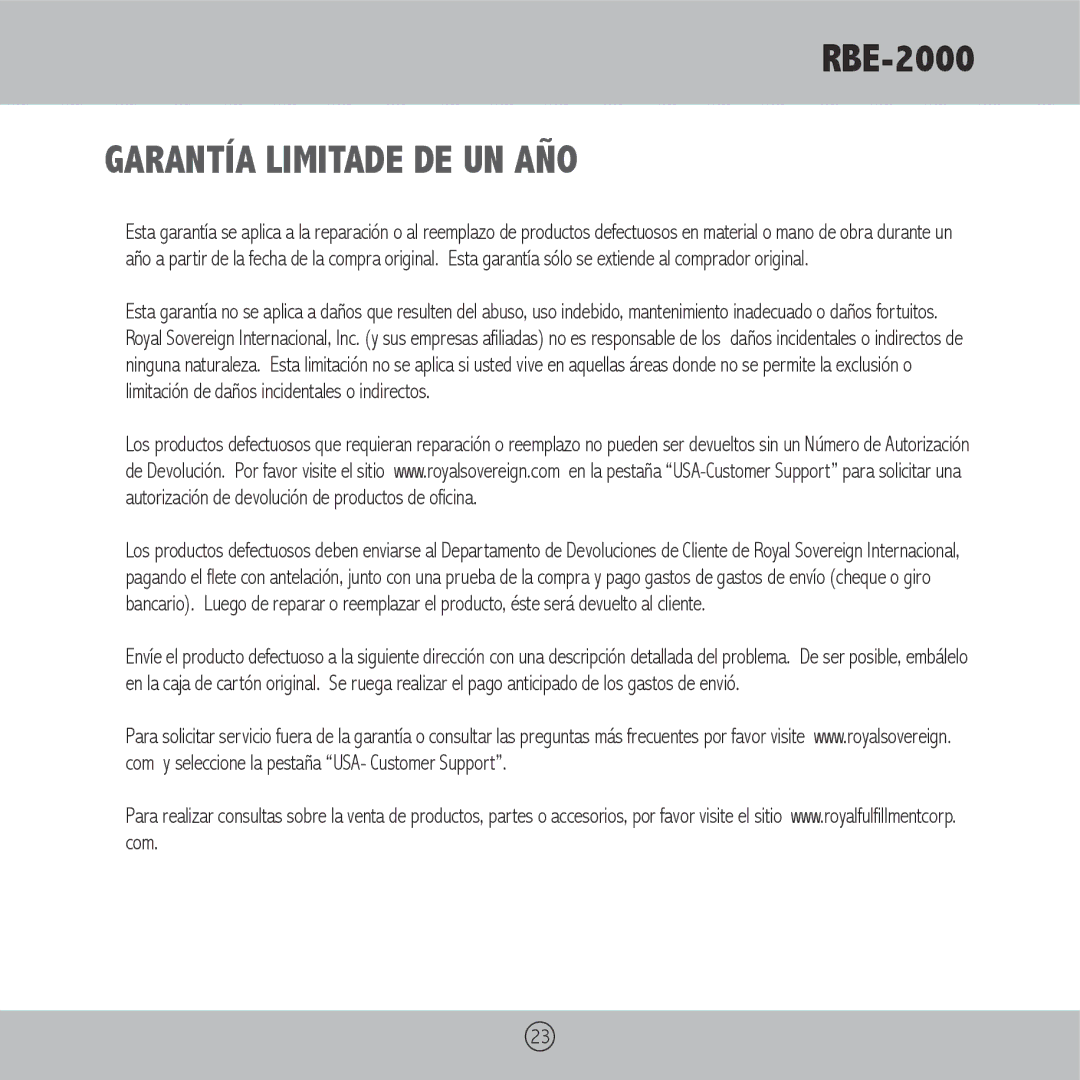 Royal Sovereign RBE-2000 owner manual Garantía Limitade DE UN AÑO 