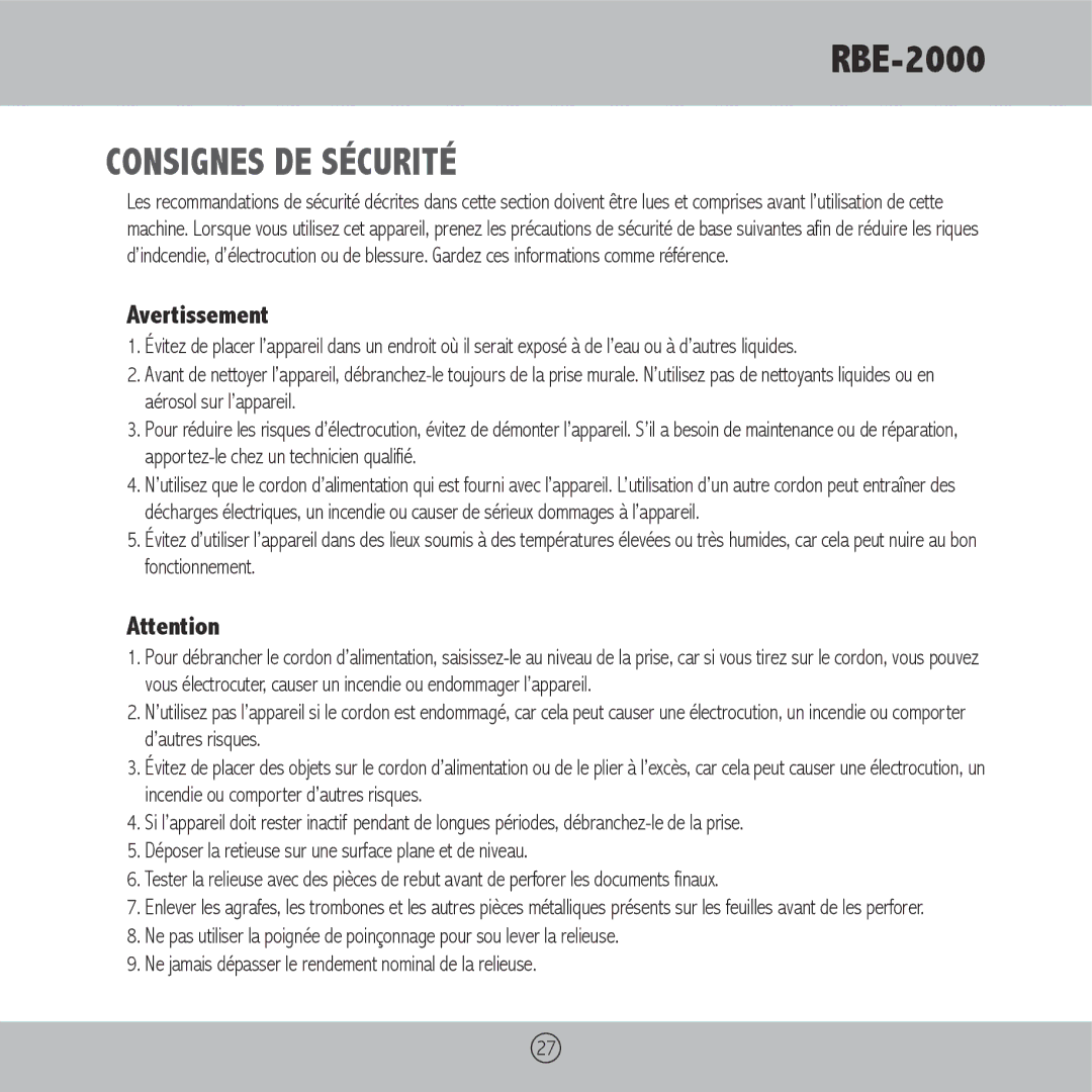 Royal Sovereign RBE-2000 owner manual Consignes DE Sécurité, Avertissement 