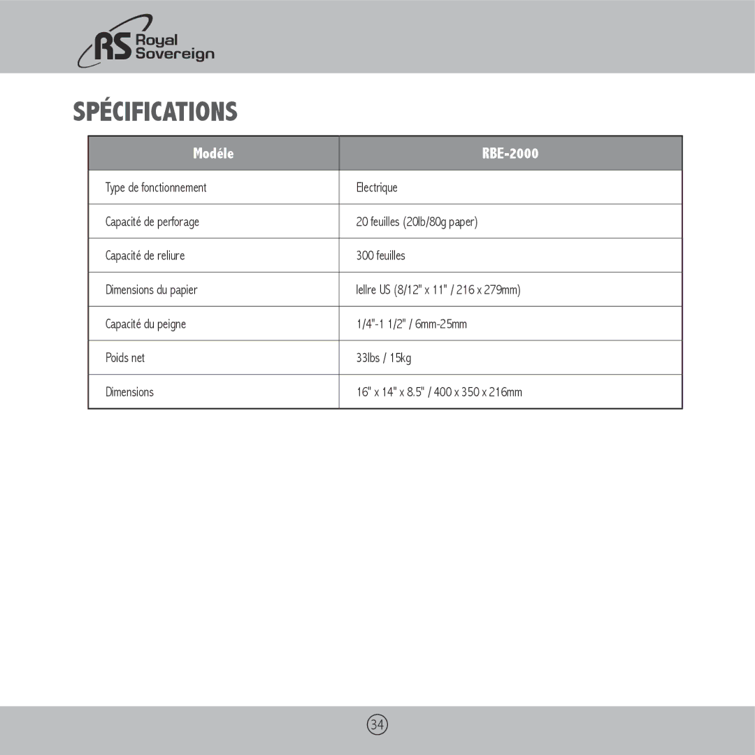 Royal Sovereign RBE-2000 owner manual SPéCIFICATIONS 