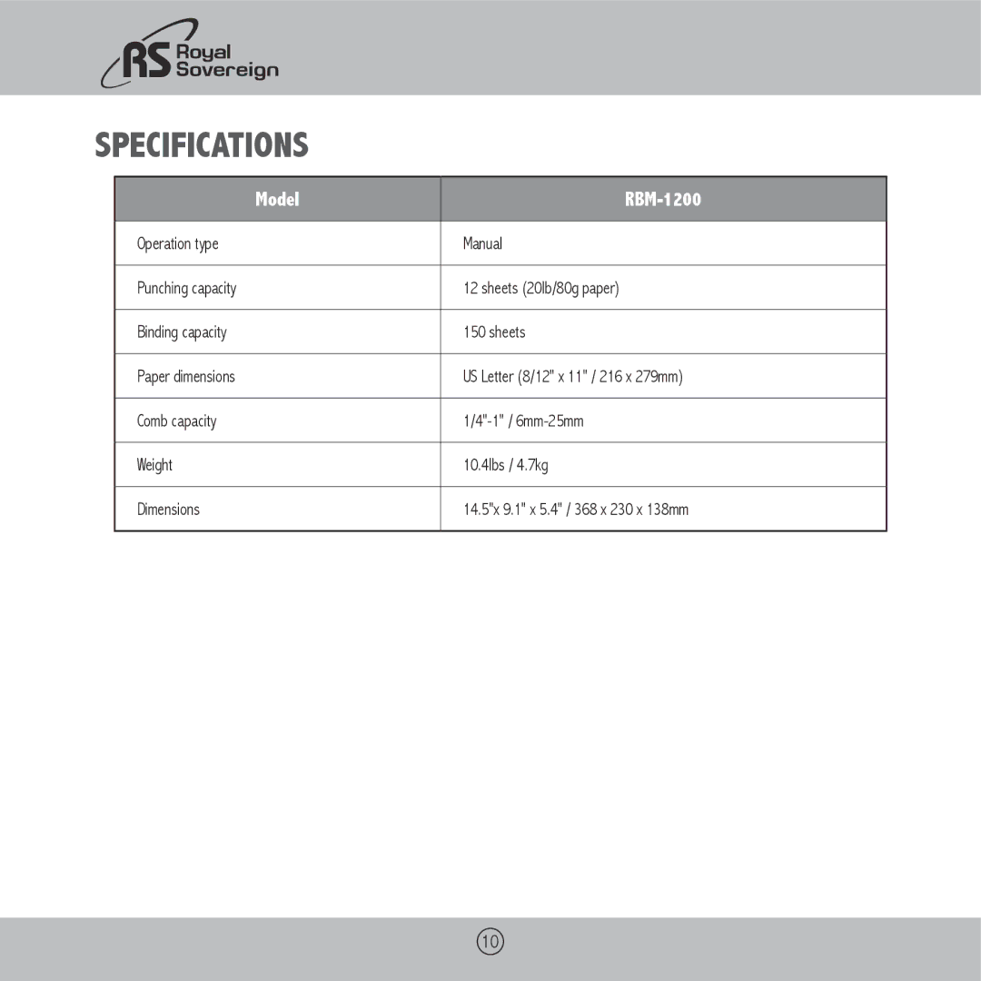 Royal Sovereign owner manual Specifications, Model RBM-1200 