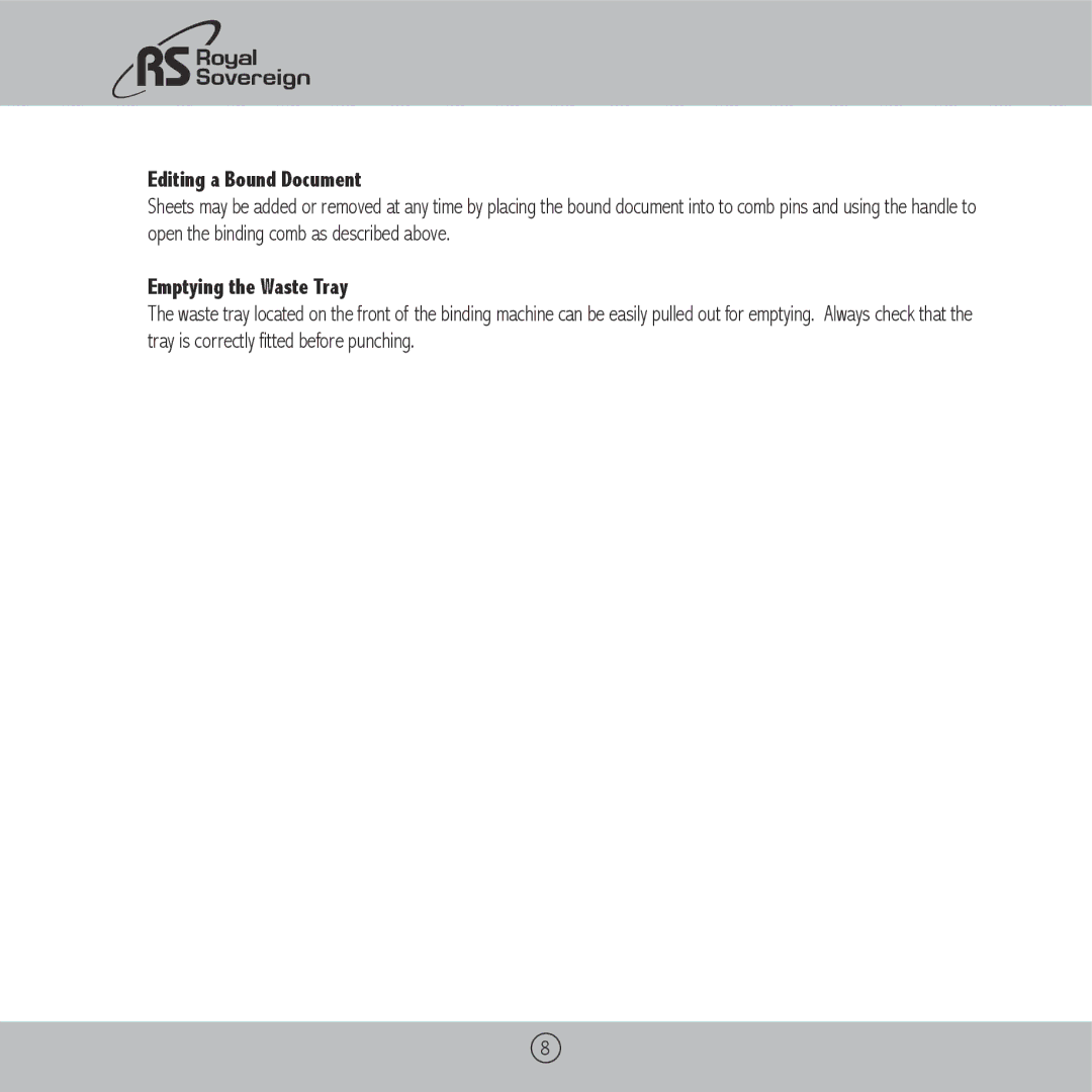 Royal Sovereign RBM-1200 owner manual Editing a Bound Document, Emptying the Waste Tray 