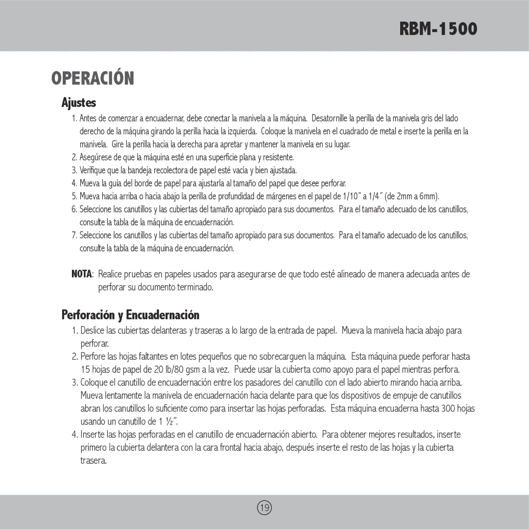 Royal Sovereign RBM-1500 owner manual Operación, Ajustes 