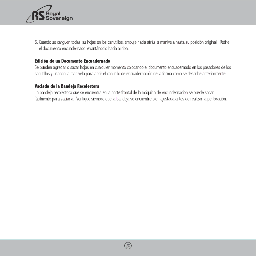 Royal Sovereign RBM-1500 owner manual Edición de un Documento Encuadernado, Vaciado de la Bandeja Recolectora 