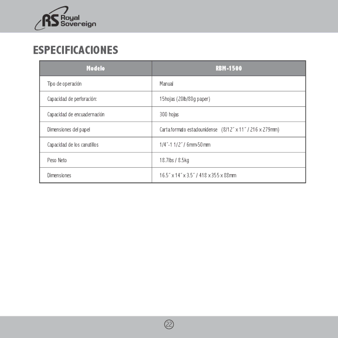 Royal Sovereign owner manual Especificaciones, Modelo RBM-1500 