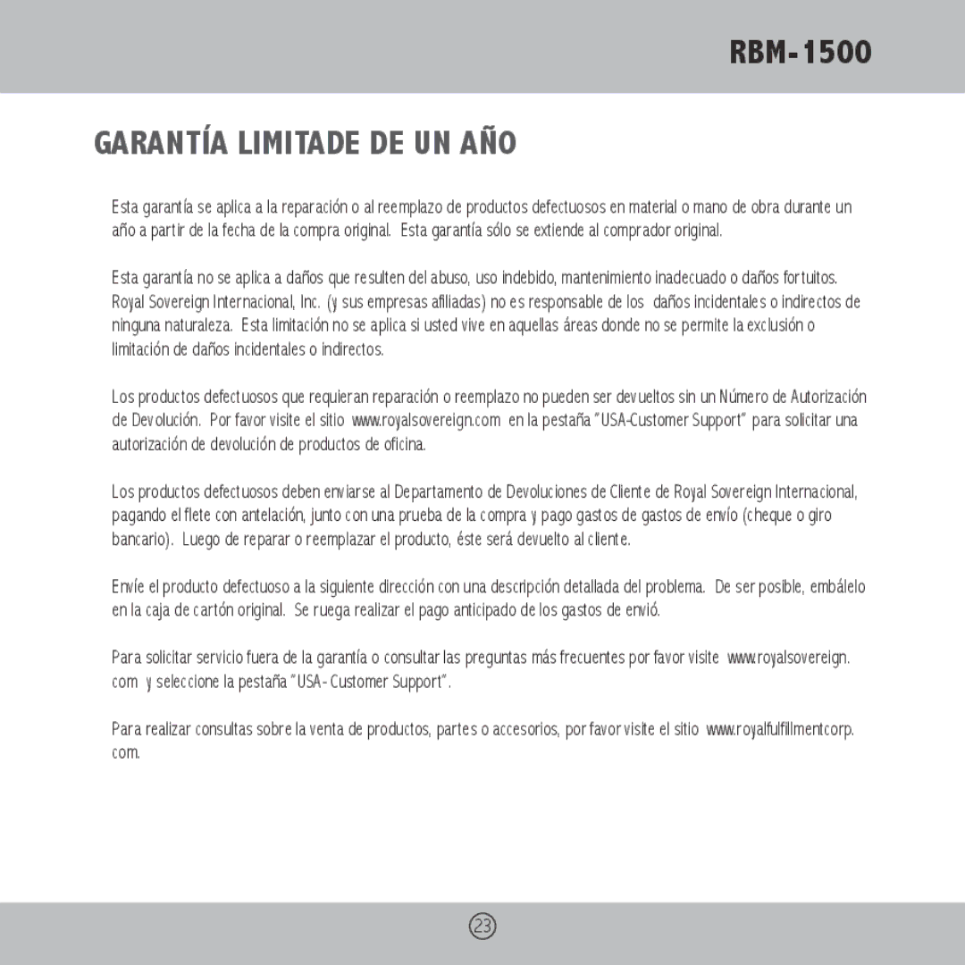 Royal Sovereign RBM-1500 owner manual Garantía Limitade DE UN AÑO 
