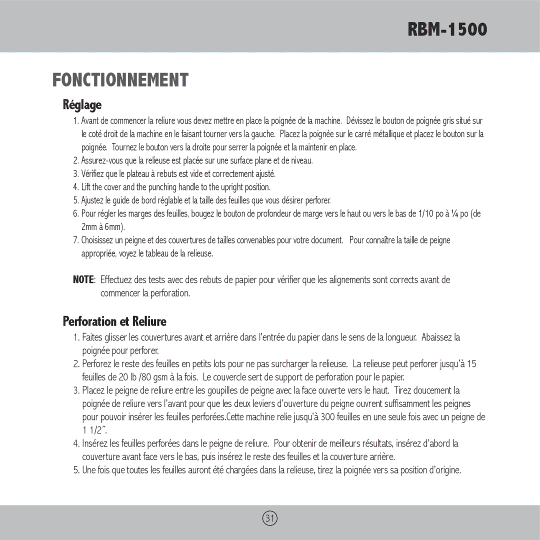 Royal Sovereign RBM-1500 owner manual Fonctionnement, Réglage 