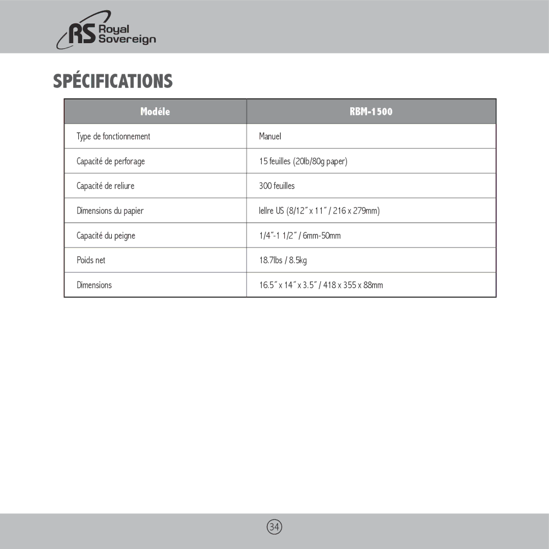 Royal Sovereign RBM-1500 owner manual Spécifications 