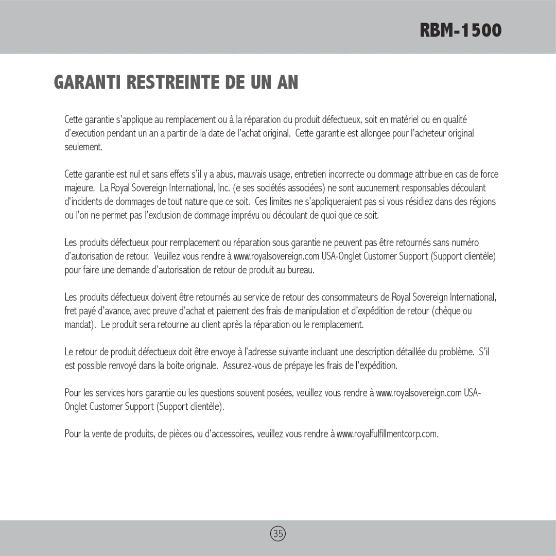 Royal Sovereign RBM-1500 owner manual Garanti Restreinte DE UN AN 