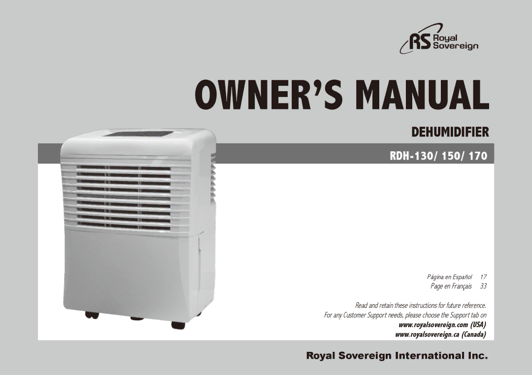 Royal Sovereign RDH-130, RDH-150, RDH-170 owner manual Dehumidifier 