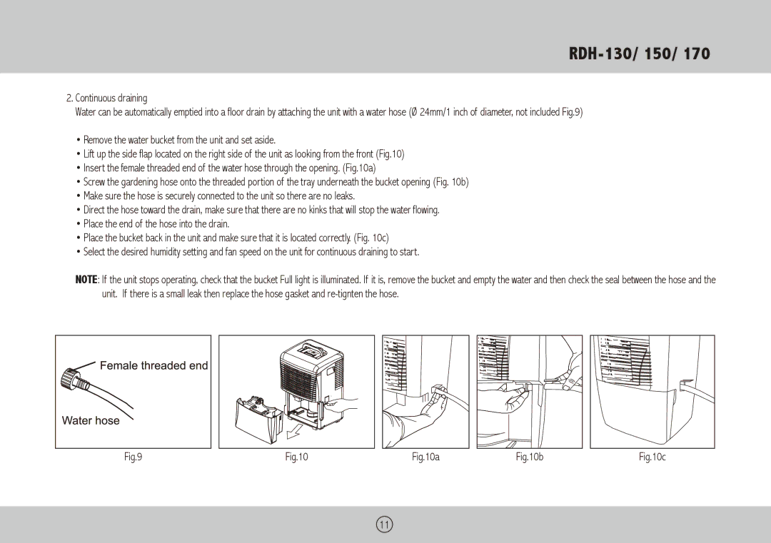 Royal Sovereign RDH-170, RDH-150, RDH-130 owner manual Continuous draining 