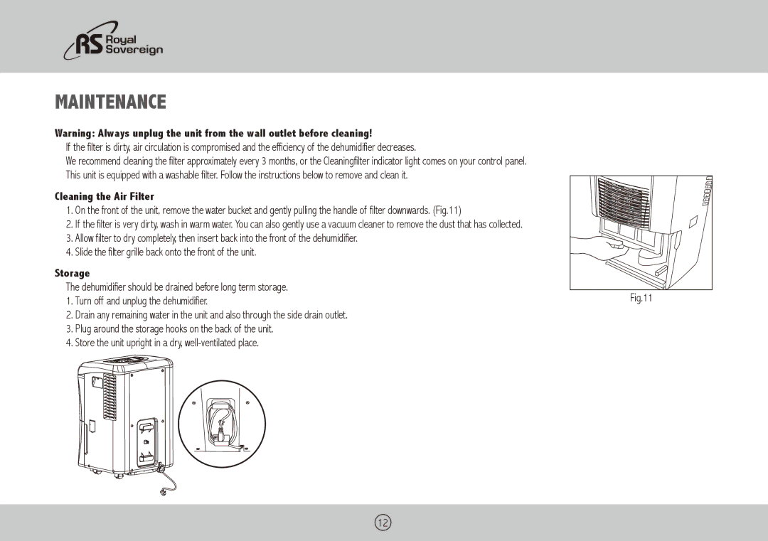 Royal Sovereign RDH-150, RDH-130, RDH-170 owner manual Maintenance, Cleaning the Air Filter, Storage 