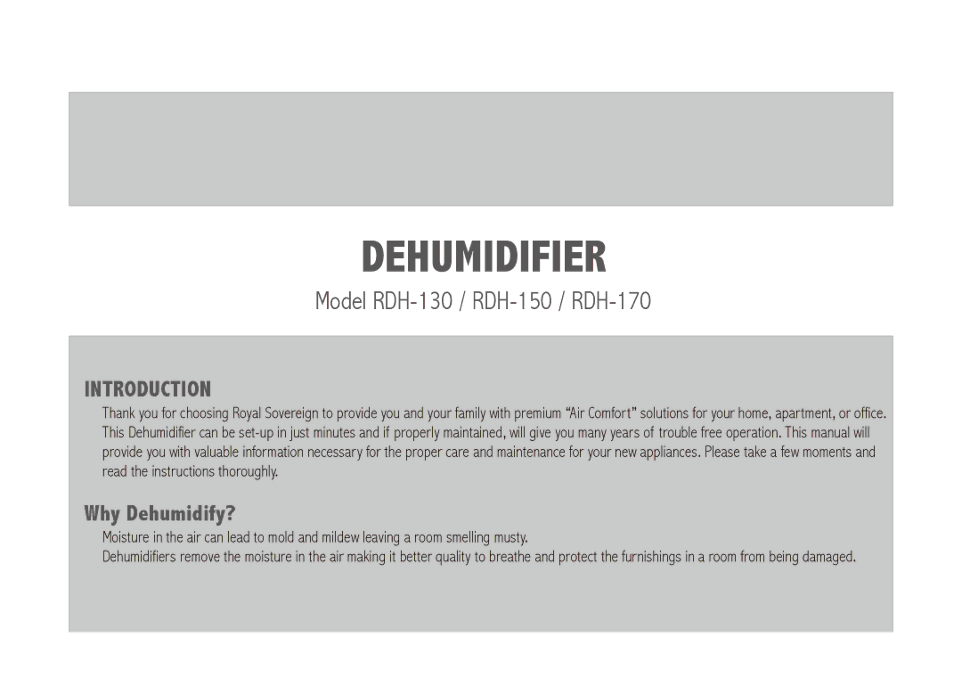 Royal Sovereign RDH-170, RDH-150, RDH-130 owner manual Dehumidifier 