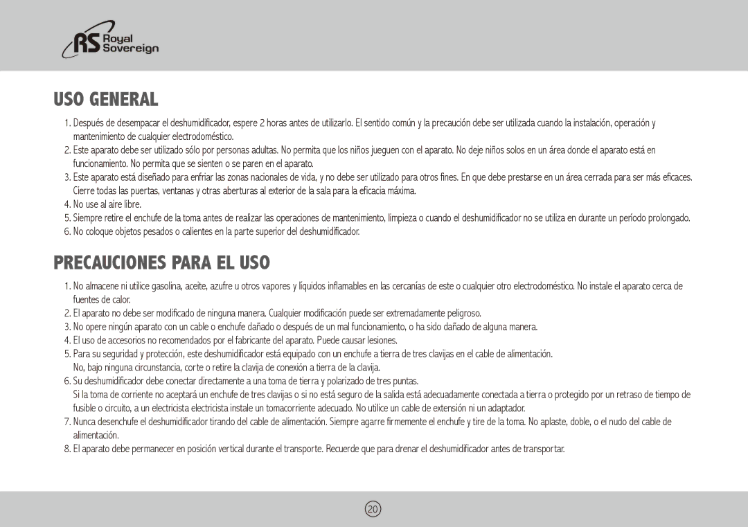 Royal Sovereign RDH-170, RDH-150, RDH-130 owner manual Uso General, Precauciones Para el Uso, No use al aire libre 