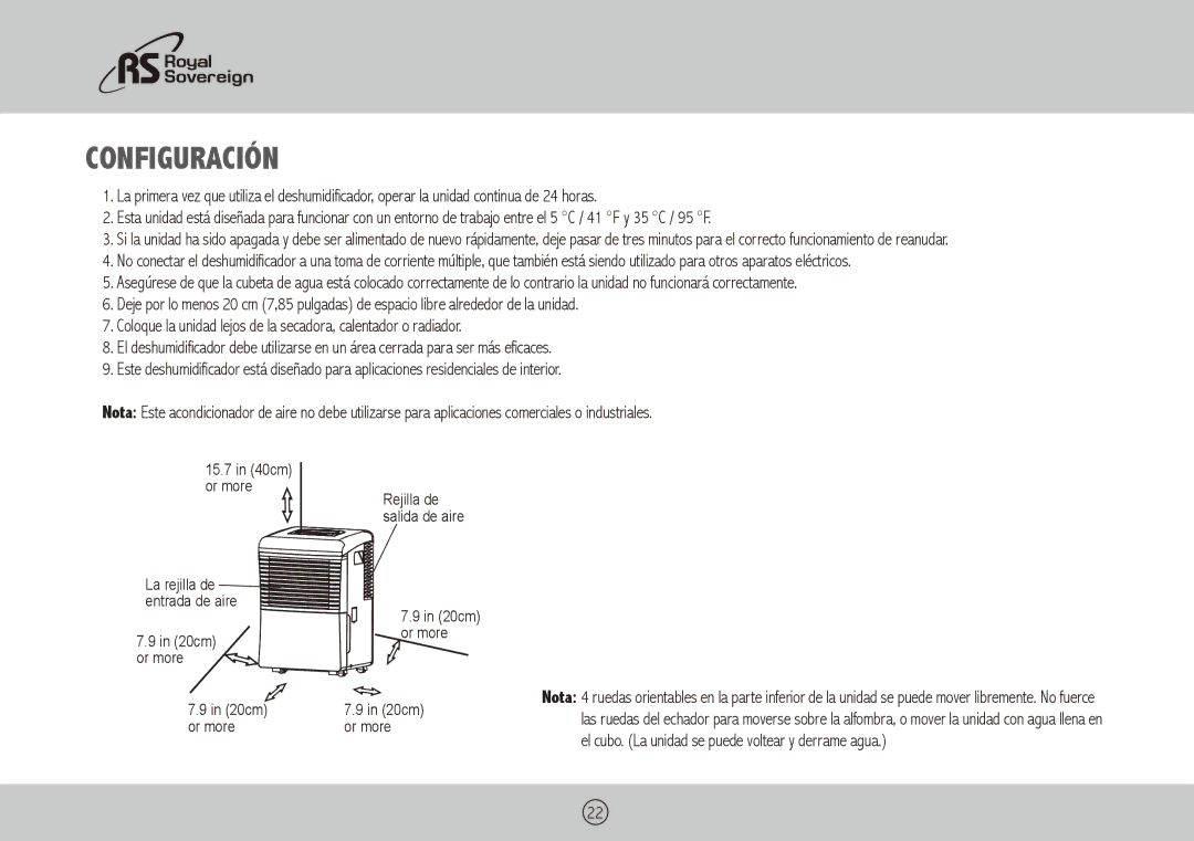 Royal Sovereign RDH-130, RDH-150, RDH-170 owner manual Configuración 