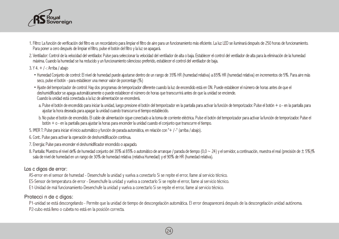 Royal Sovereign RDH-150, RDH-130, RDH-170 owner manual 4. + / Arriba / abajo, Los códigos de error, Protección de códigos 