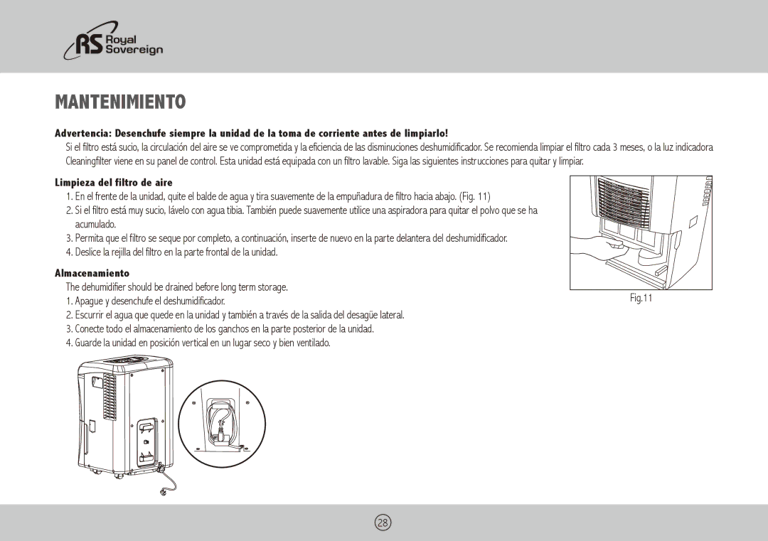 Royal Sovereign RDH-130, RDH-150, RDH-170 owner manual Mantenimiento, Limpieza del filtro de aire, Almacenamiento 