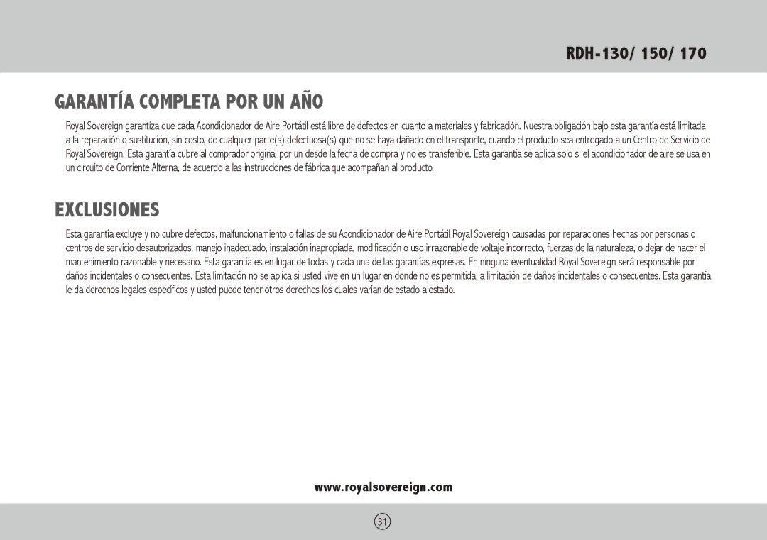 Royal Sovereign RDH-130, RDH-150, RDH-170 owner manual Garantía Completa por UN Año, Exclusiones 