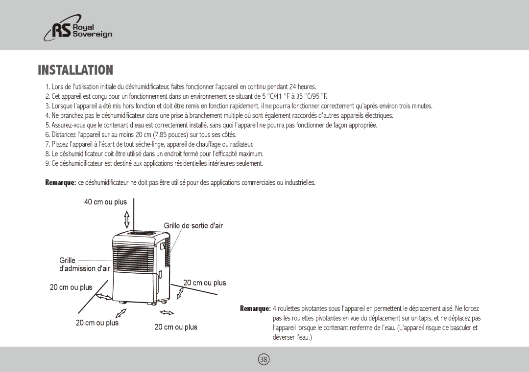 Royal Sovereign RDH-170, RDH-150, RDH-130 owner manual Installation, Grille Dadmission dair Cm ou plus 