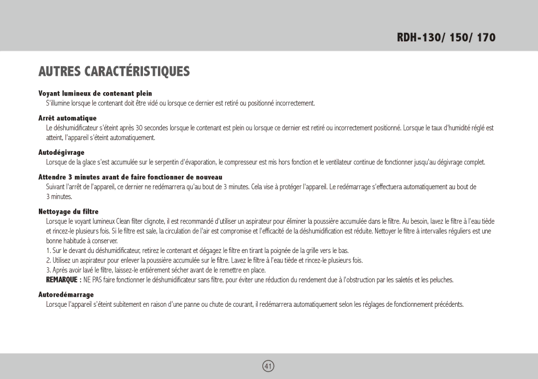 Royal Sovereign RDH-170, RDH-150, RDH-130 owner manual Autres caractéristiques 