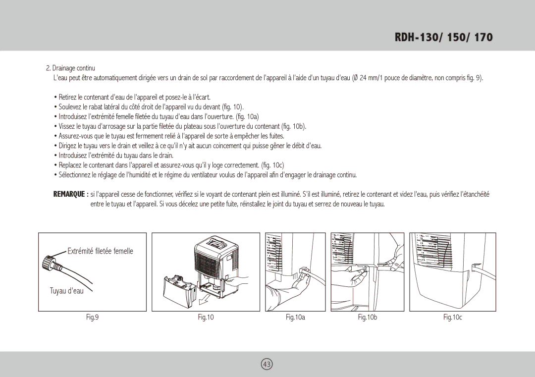 Royal Sovereign RDH-130, RDH-150, RDH-170 owner manual Drainage continu 