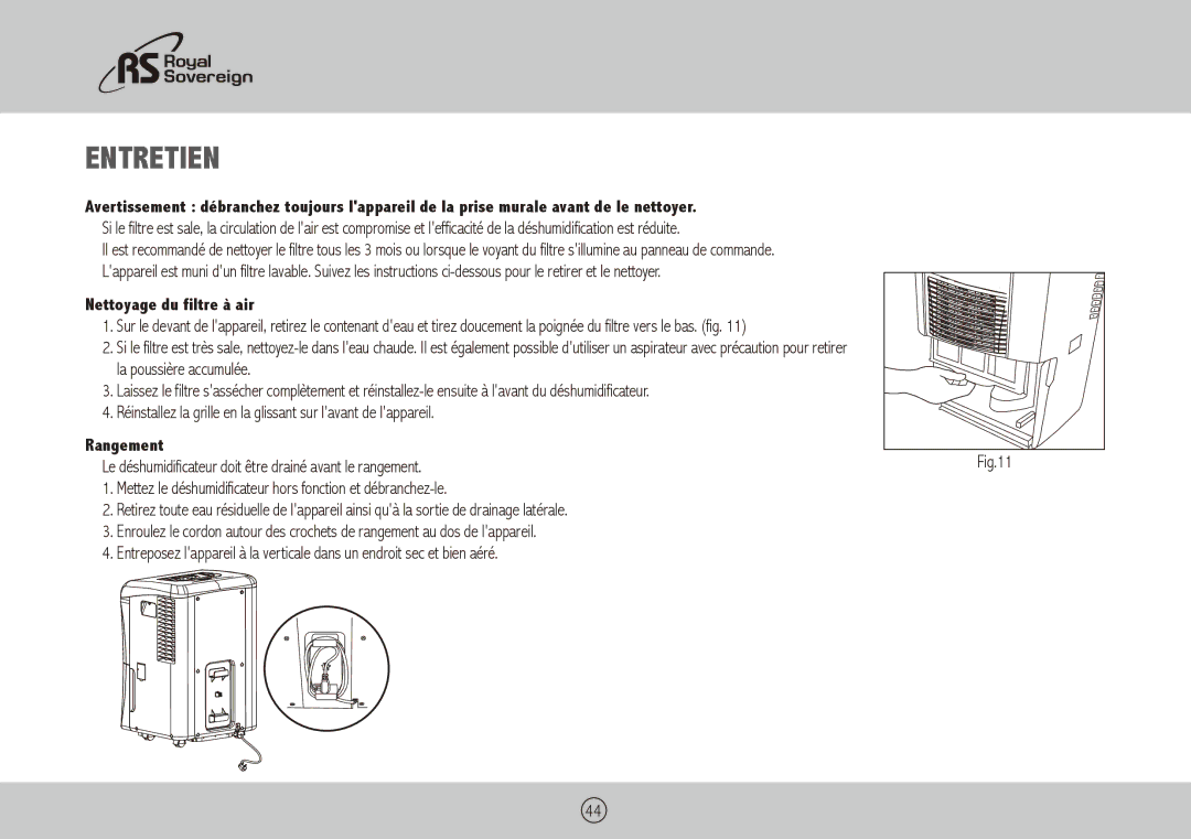 Royal Sovereign RDH-170, RDH-150, RDH-130 owner manual Entretien, Nettoyage du filtre à air, Rangement 