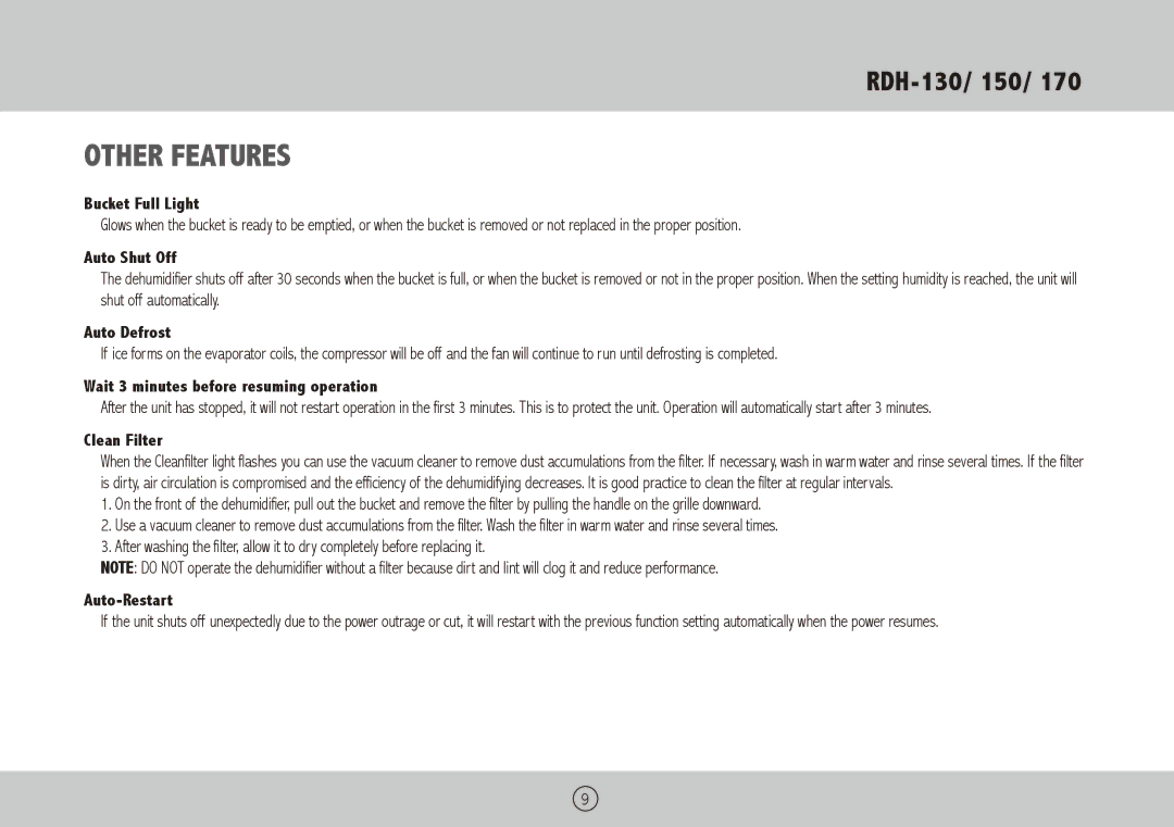 Royal Sovereign RDH-150, RDH-130, RDH-170 owner manual Other features 