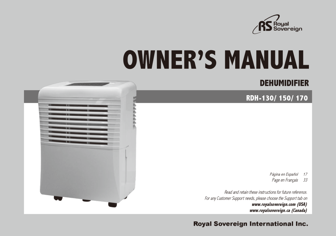 Royal Sovereign RDH-150 owner manual Dehumidifier, RDH-130/150, Royal Sovereign International Inc, Página en Español 