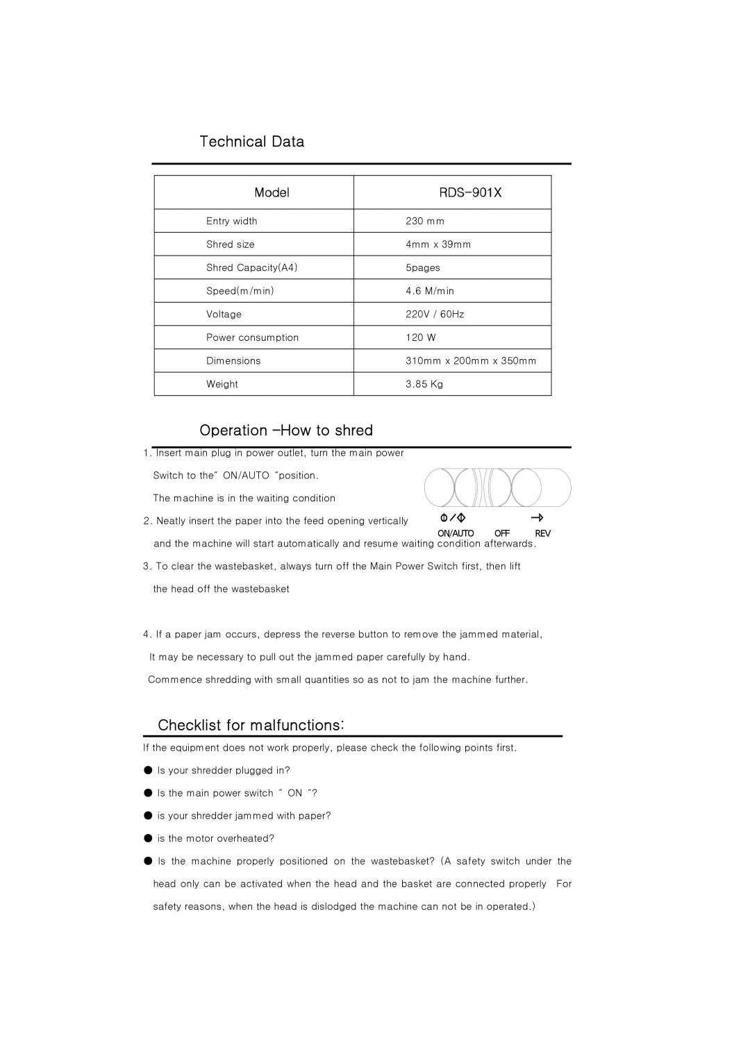 Royal Sovereign Technical Data, Operation -How to shred, Checklist for malfunctions, Model RDS-901X 