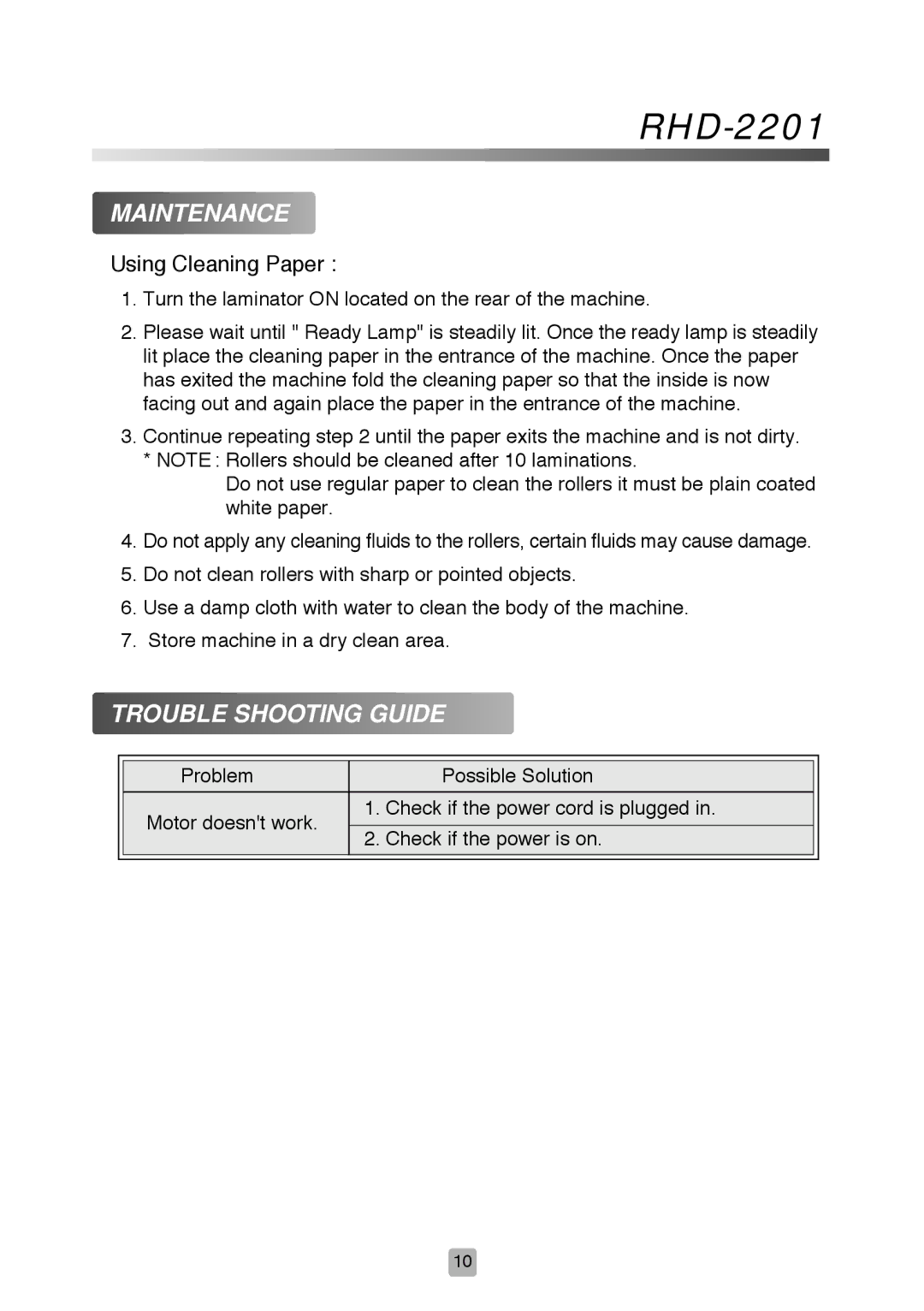 Royal Sovereign RHD-2201 owner manual Maintenance, Trouble Shooting Guide 