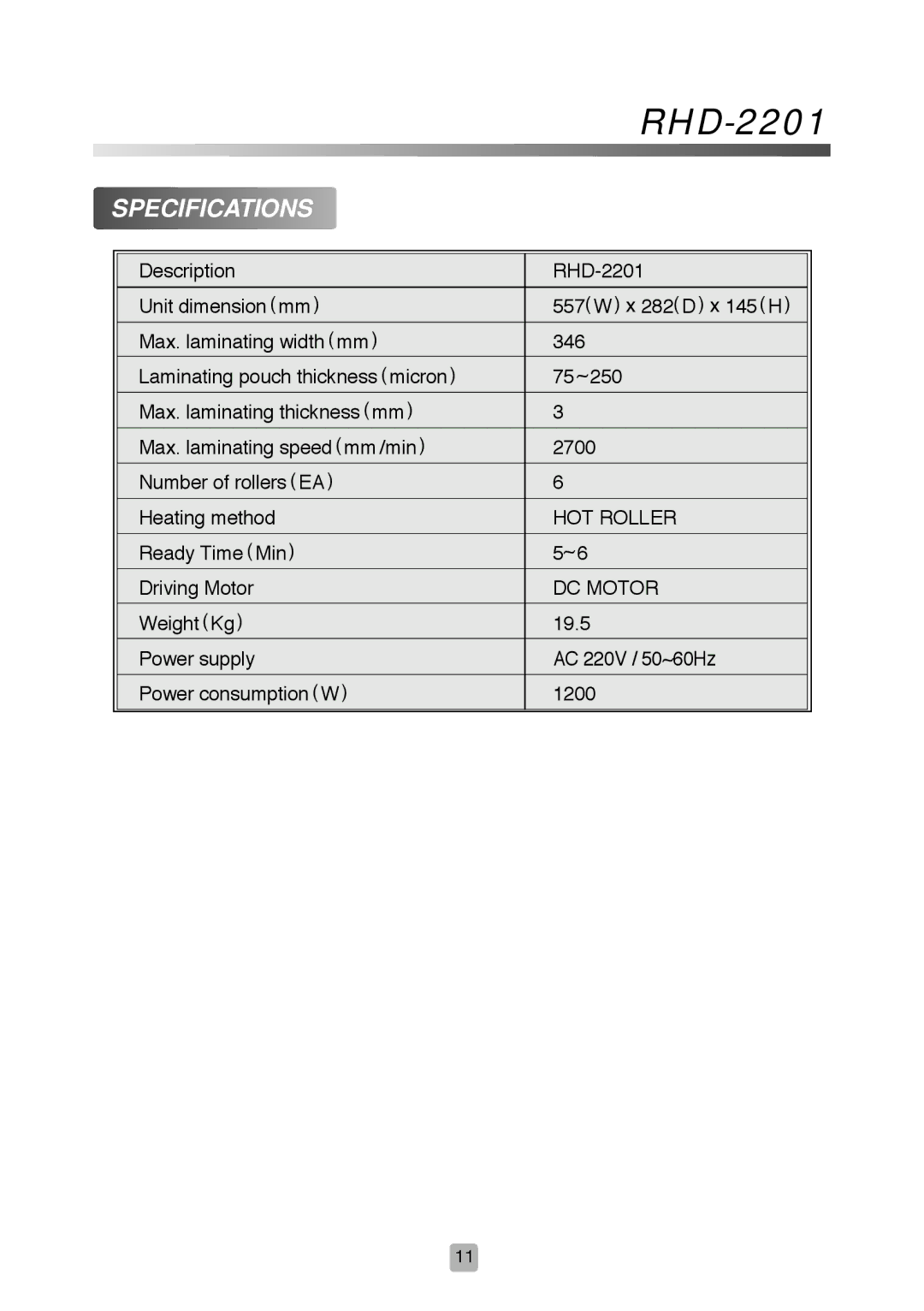 Royal Sovereign RHD-2201 owner manual Specifications 