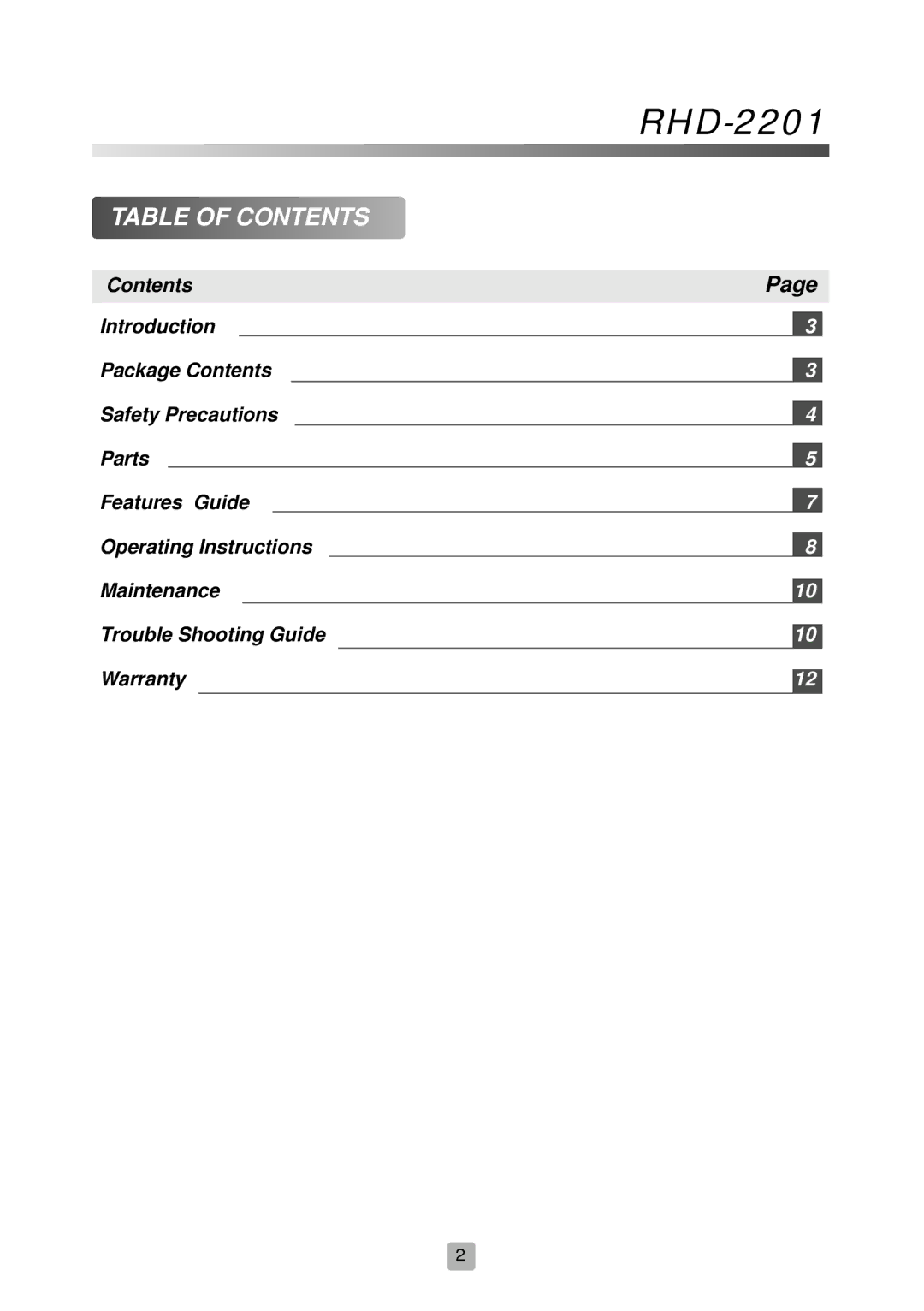 Royal Sovereign RHD-2201 owner manual Table of Contents 