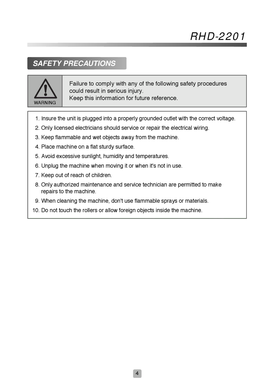 Royal Sovereign RHD-2201 owner manual Safety Precautions 