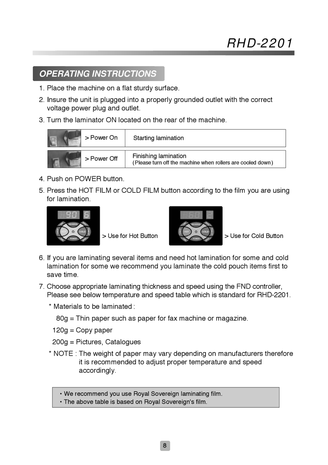 Royal Sovereign RHD-2201 owner manual Operating Instructions 