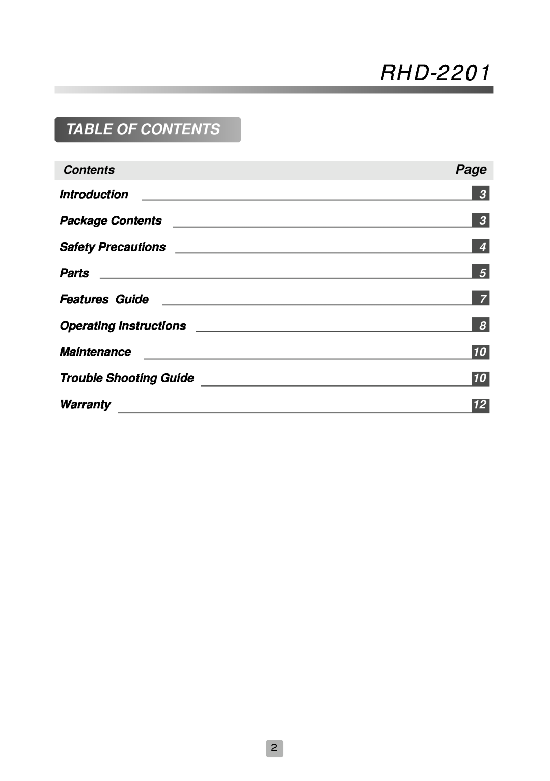 Royal Sovereign RHD-2201 owner manual Table Of Contents, Page 