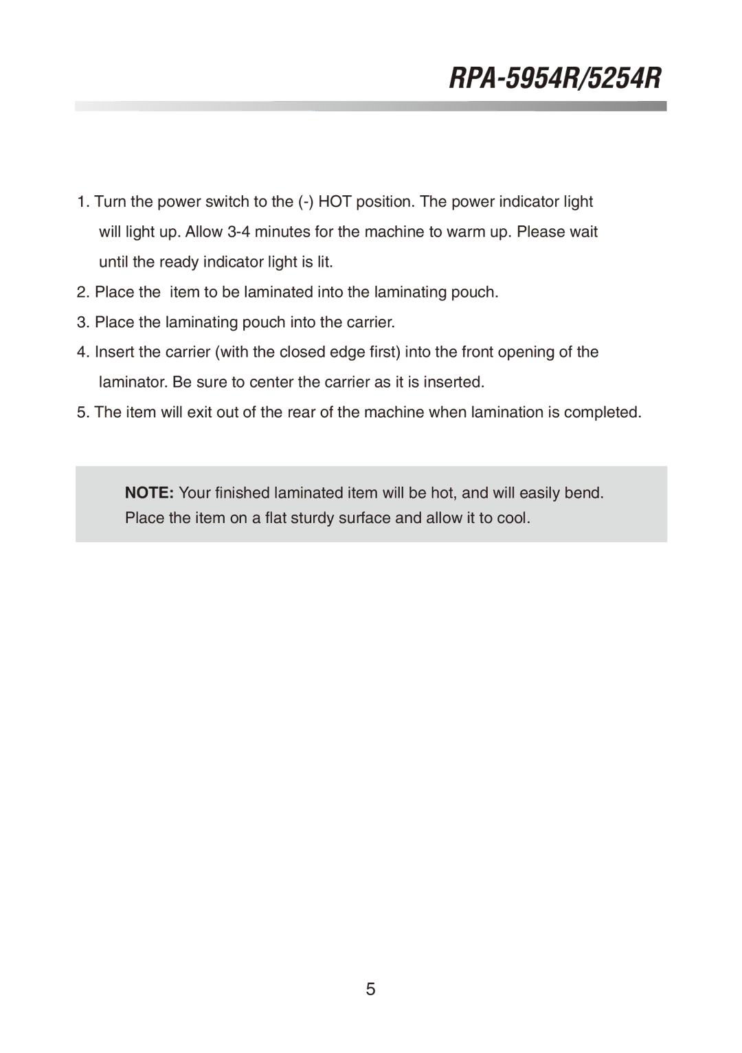 Royal Sovereign RPA-5254R, RPA-5954R owner manual HOT Laminating Procedure 