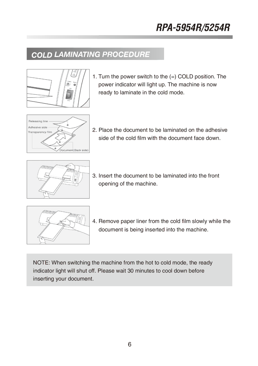 Royal Sovereign RPA-5954R, RPA-5254R owner manual Cold Laminating Procedure 