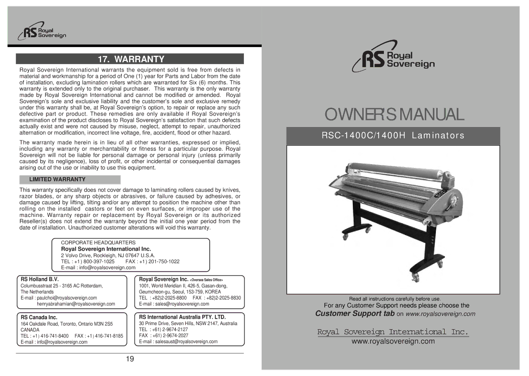 Royal Sovereign RSC-1400H, RSC-1400C owner manual Warranty, Royal Sovereign International Inc 