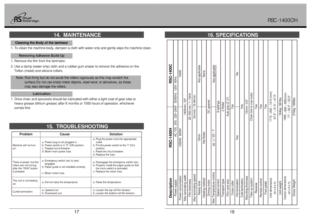 Royal Sovereign RSC-1400C, RSC-1400H owner manual Maintenance, Troubleshooting, Specifications 