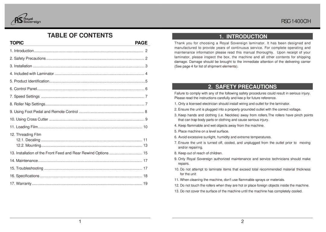 Royal Sovereign RSC-1400C, RSC-1400H owner manual Table of Contents 