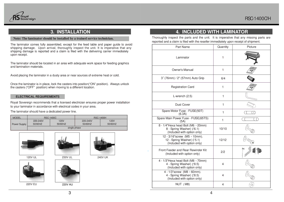 Royal Sovereign RSC-1400H, RSC-1400C owner manual Installation, Included with Laminator 