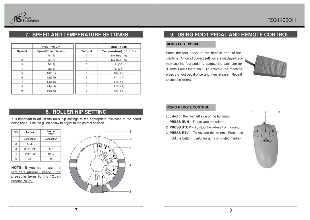 Royal Sovereign RSC-1400H Speed and Temperature Settings, Using Foot Pedal and Remote Control, Roller NIP Setting 