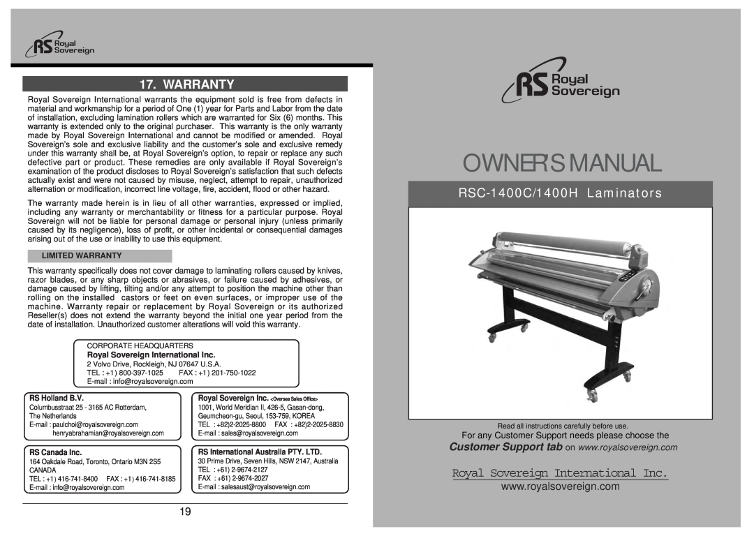 Royal Sovereign RSC-1400H owner manual RSC-1400C/1400H Laminators, Limited Warranty, Royal Sovereign International Inc 