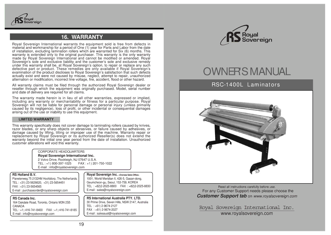 Royal Sovereign RSC-1400L owner manual Limited Warranty, Royal Sovereign International Inc 