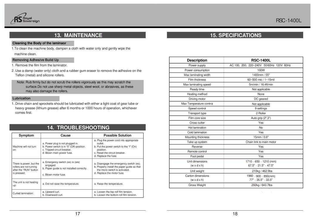 Royal Sovereign RSC-1400L owner manual Maintenance, Troubleshooting, Specifications 