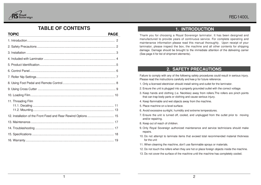 Royal Sovereign RSC-1400L owner manual Table of Contents 