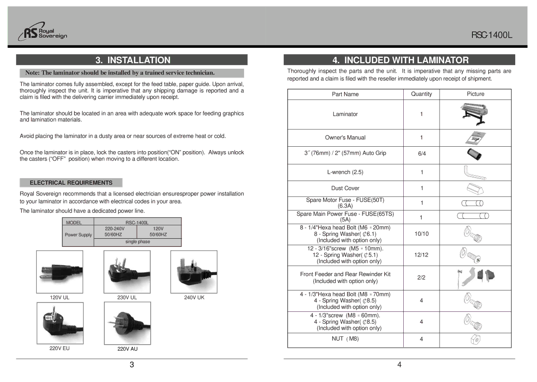 Royal Sovereign RSC-1400L owner manual Installation, Included with Laminator, Electrical Requirements 