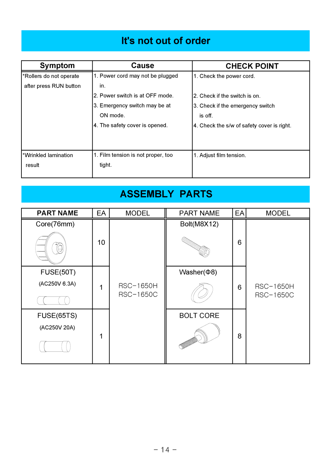 Royal Sovereign RSC-1650H, 1650C owner manual Its not out of order, Assembly Parts 