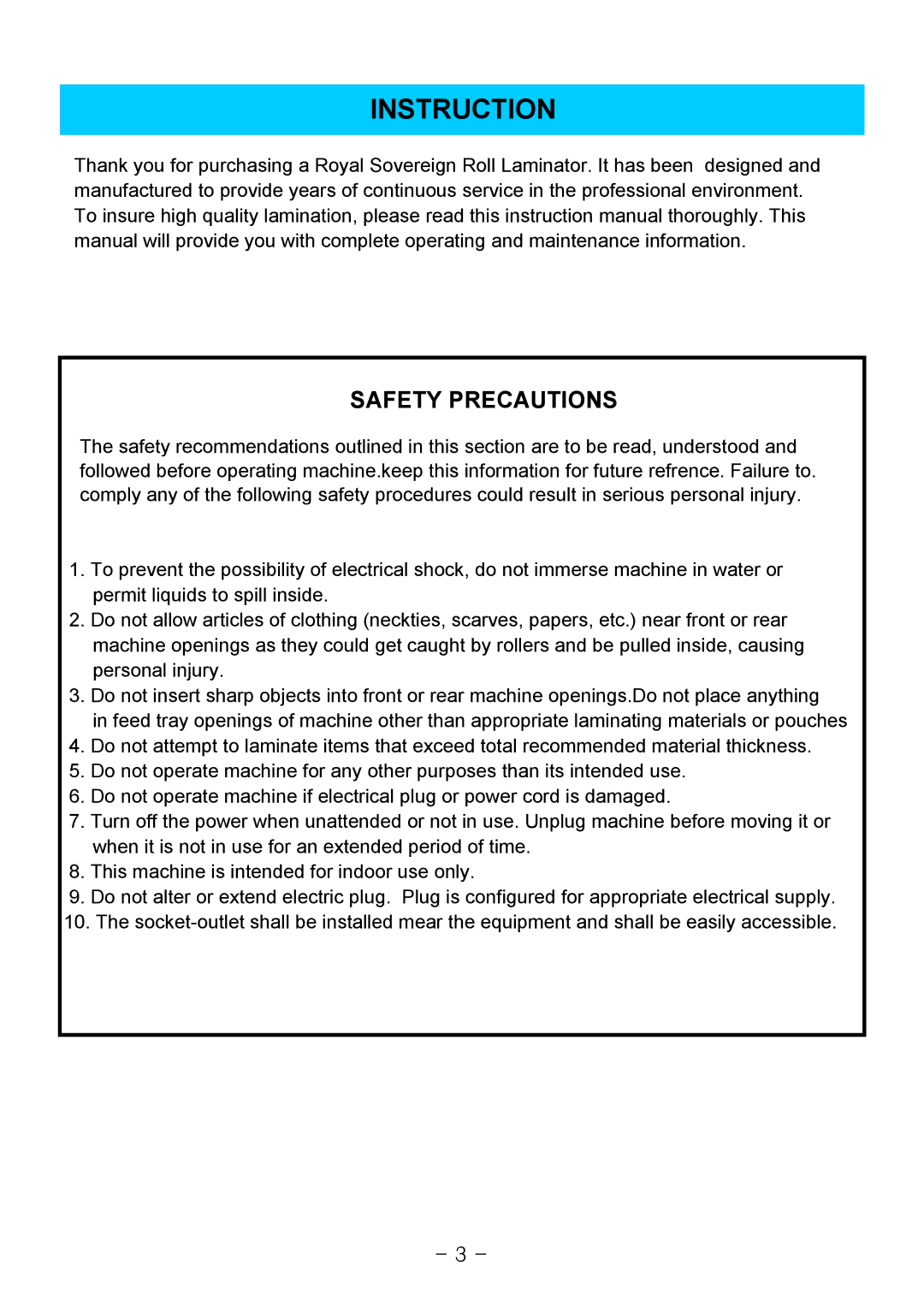 Royal Sovereign 1650C, RSC-1650H owner manual Instruction, Safety Precautions 