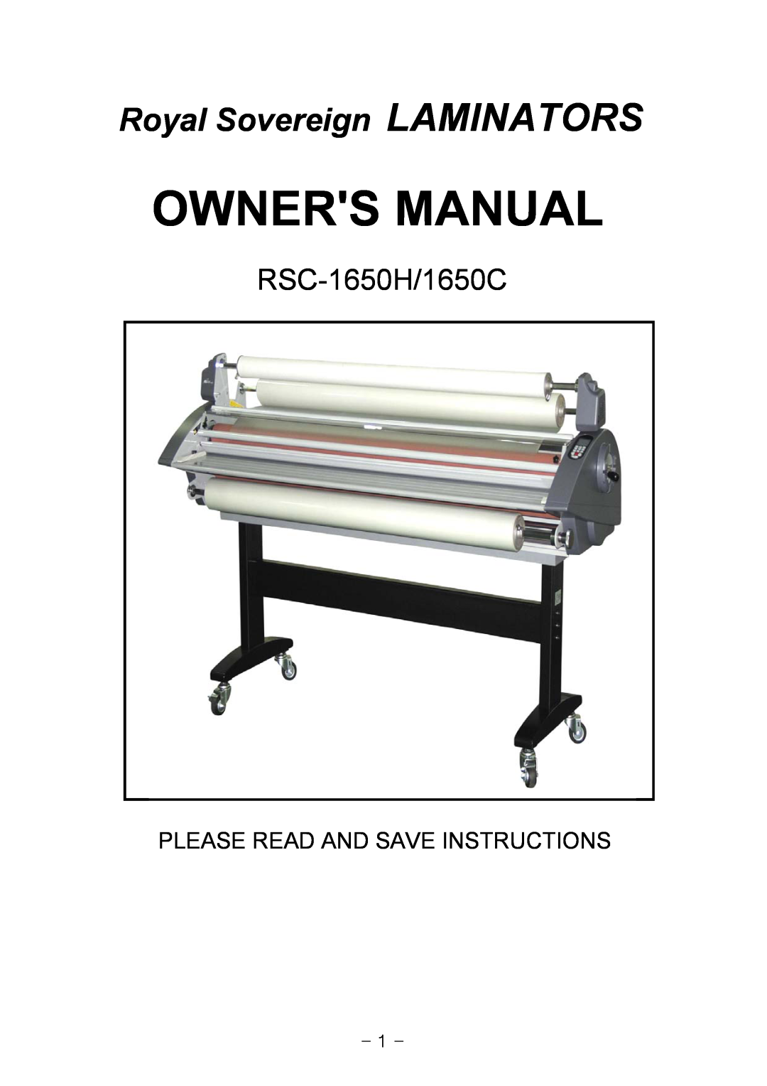 Royal Sovereign owner manual Owners Manual, Royal Sovereign LAMINATORS, RSC-1650H/1650C 