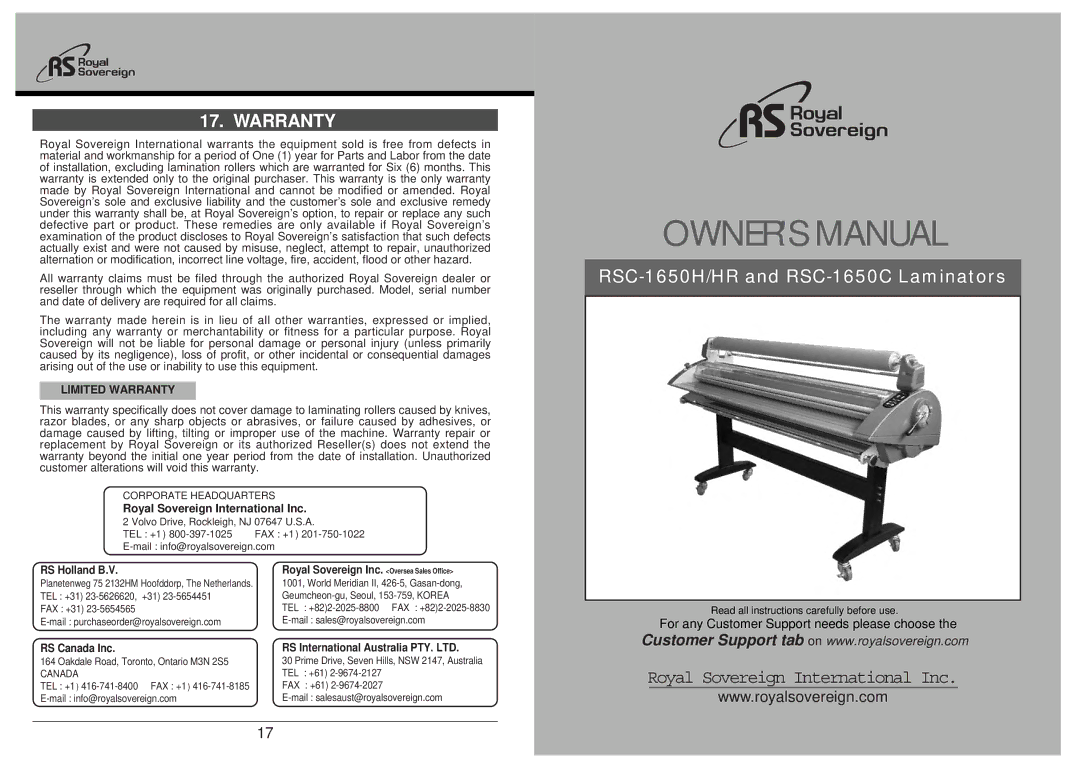 Royal Sovereign RSC-1650H owner manual Limited Warranty, Royal Sovereign International Inc 